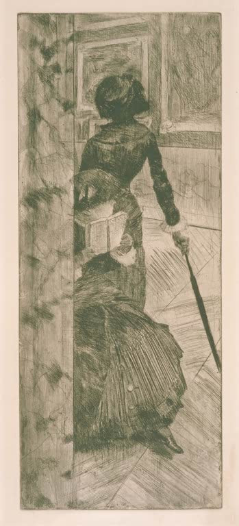 Kunstdruck des Gemäldes Mary Cassatt in der Louvre-Galerie: Die Gemäldegalerie von Edgar Degas mit Mary Cassatt beim Betrachten von Kunstwerken im Louvre.