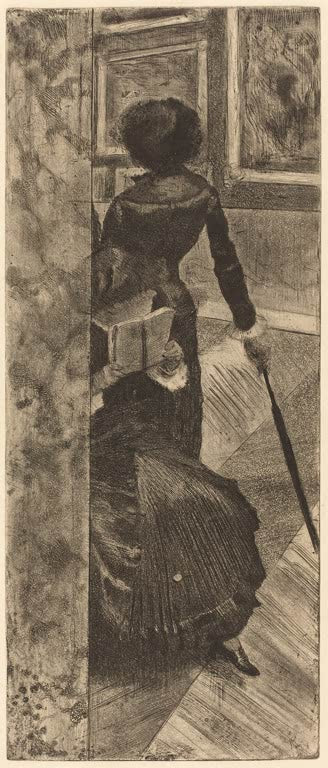 Kunstdruck des Gemäldes „Mary Cassatt in der Louvre: Die Gemäldegalerie“ von Edgar Degas, detailgetreu als Kunstdruck umgesetzt und in Deutschland von Hand gefertigt.
