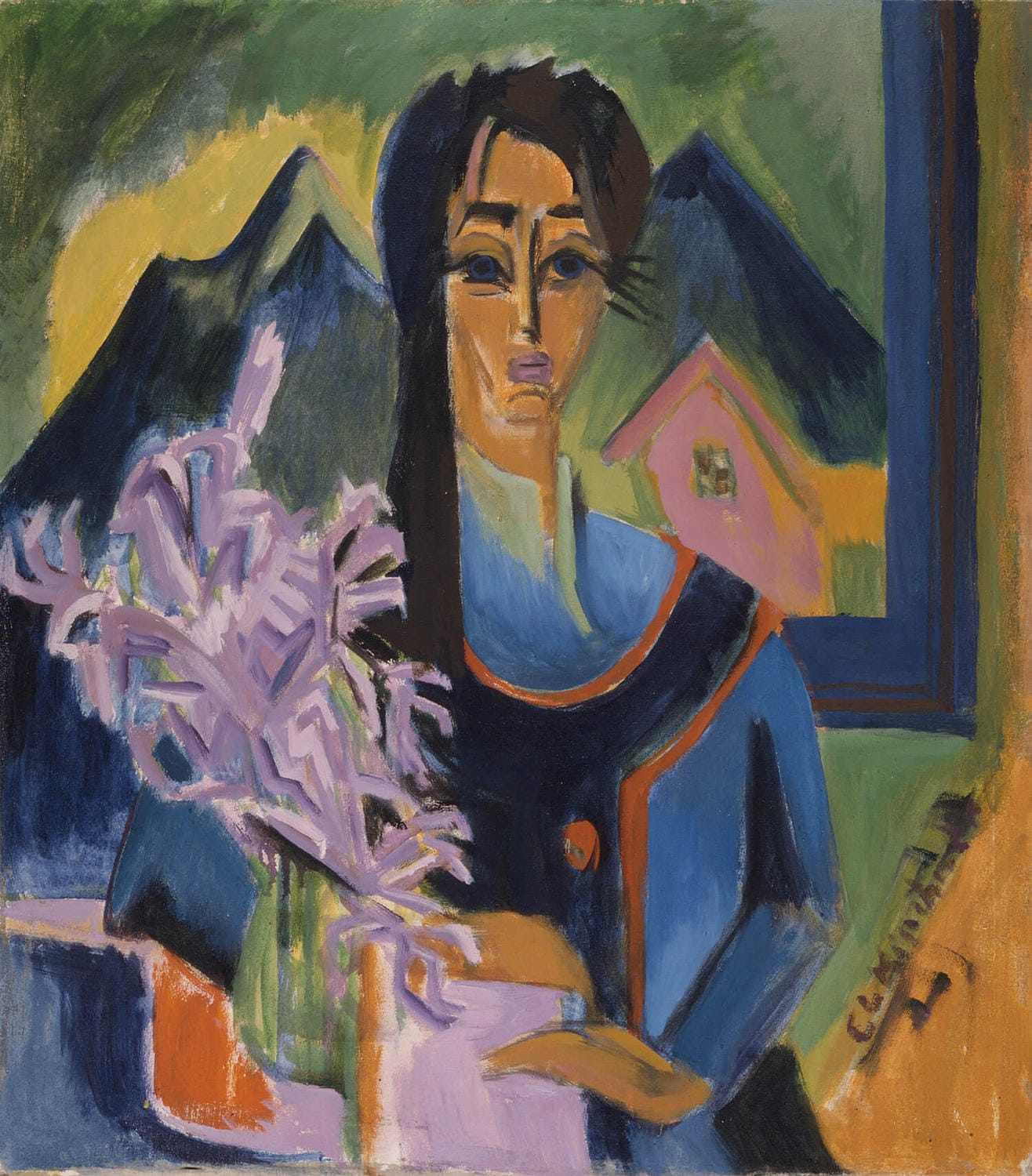 Maryli (Junge Frau mit Nelkenstrauß) von Ernst Ludwig Kirchner, expressionistisches Gemälde mit lebendiger Darstellung von Individualität und der Harmonie zwischen Mensch und Natur.