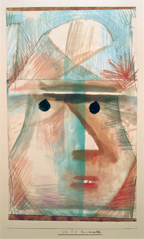 Kunstdruck des Gemäldes Maske komische Alte von Paul Klee, handgefertigt in Deutschland als hochwertiger Kunstdruck.