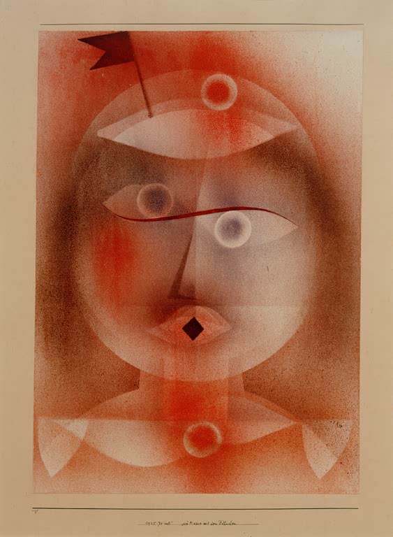 Kunstdruck „Maske mit Fähnchen“ von Paul Klee mit abstrahierter Maske und stilisiertem Fähnchen