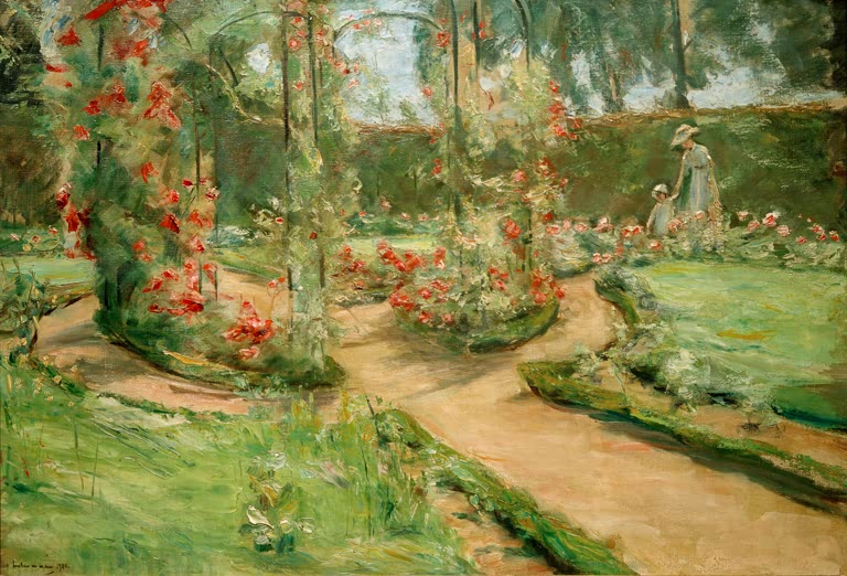 Kunstdruck von Der Rosengarten in Wannsee von Max Liebermann, impressionistischer Garten mit Rosen als hochwertiger Kunstdruck
