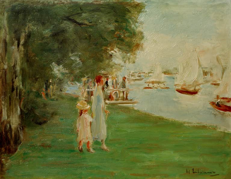 Kunstdruck von Spaziergänger am Wannsee von Max Liebermann, impressionistische Uferlandschaft mit Spaziergängern als hochwertiger Kunstdruck