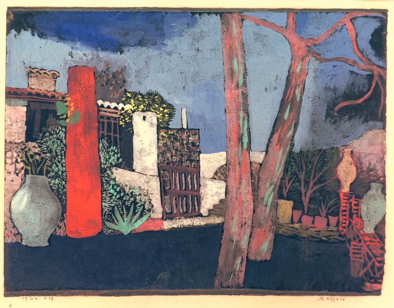 Kunstdruck von „Mazzaro“ von Paul Klee mit abstrakter Landschaftsdarstellung und harmonischer Farb- und Formkomposition.