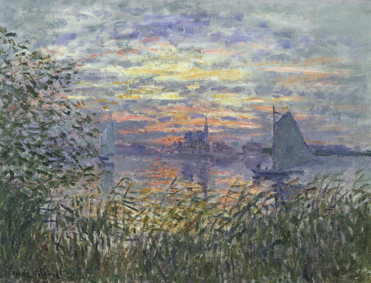 Impressionistische Meereslandschaft mit leuchtendem Sonnenuntergang, warmen Rot-, Orange- und Violetttönen und sanften Lichtreflexionen auf den Wellen, gemalt von Claude Monet.