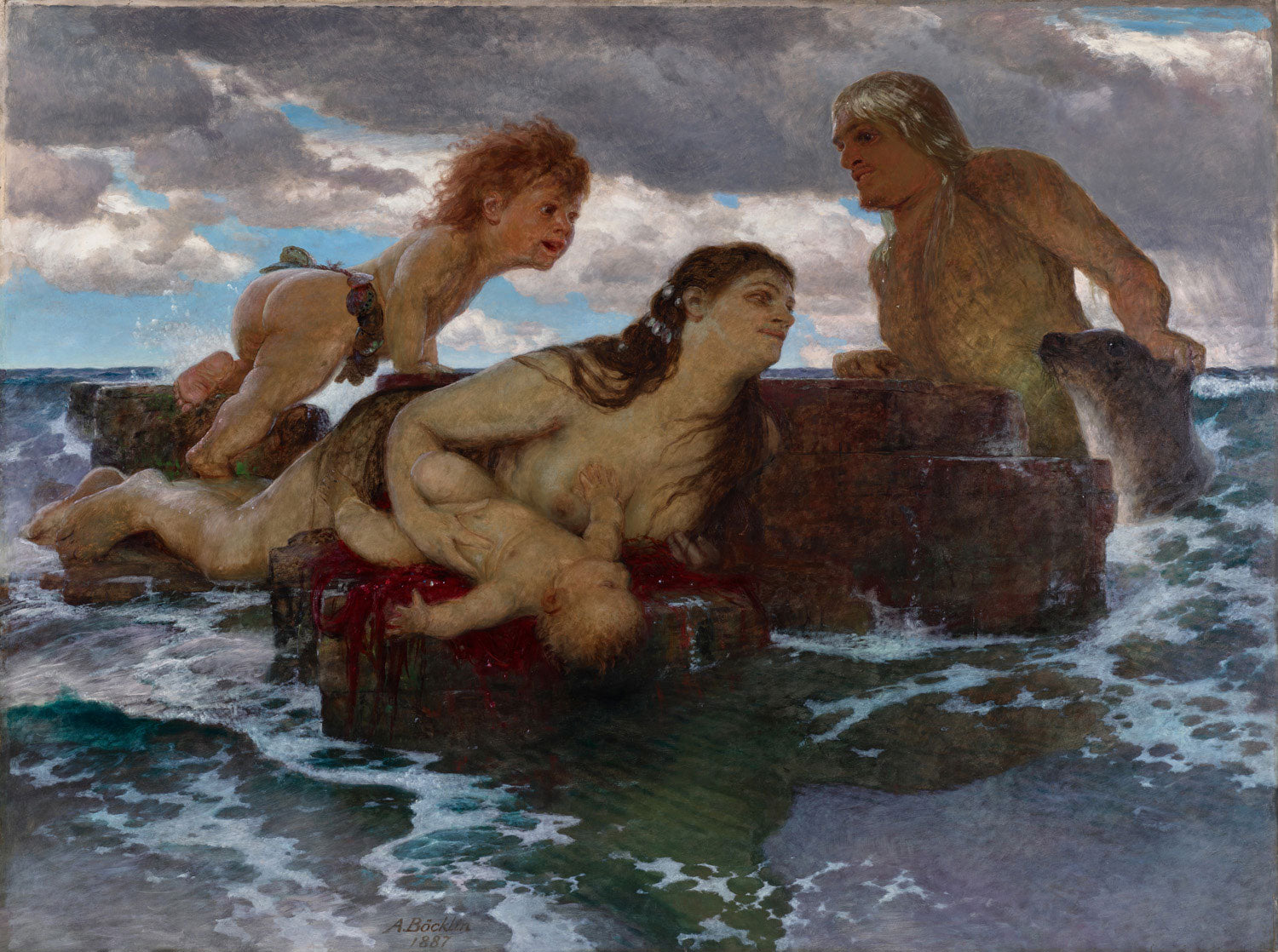 Meeresidylle von Arnold Böcklin: Symbolistisches Gemälde mit einer malerischen Küstenszene, Nymphen und Meereswesen in einer friedlichen, mythischen Atmosphäre, eingefangen in sanften Farben und harmonischer Lichtführung.