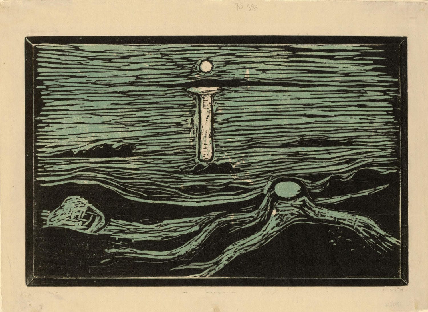 Dramatische Meereslandschaft mit bewegten Wellen in tiefen Blau- und Grüntönen, ausdrucksstark gemalt von Edvard Munch.