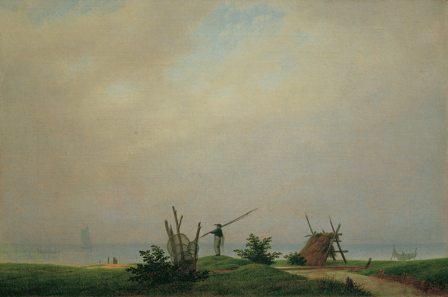 Das Gemälde „Meeresstrand mit Fischer“ von Caspar David Friedrich zeigt eine stimmungsvolle Küstenlandschaft bei ruhigem Wetter. Ein Fischer steht auf einem sandigen Strand, während das Meer und der Himmel sanft ineinander übergehen. Das Werk vermittelt eine ruhige, melancholische Atmosphäre.