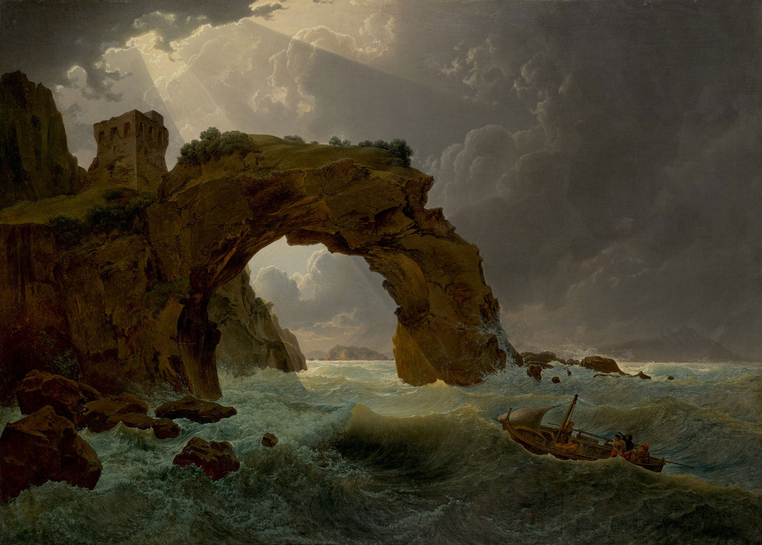 Meeressturm beim Arco di Miserno bei Miliscola mit Blick gegen Nisida von Joseph Rebell: Ein dramatischer Sturm über dem Meer, mit düsteren Wolken und der Insel Nisida im Hintergrund, typisches Werk der Romantik.