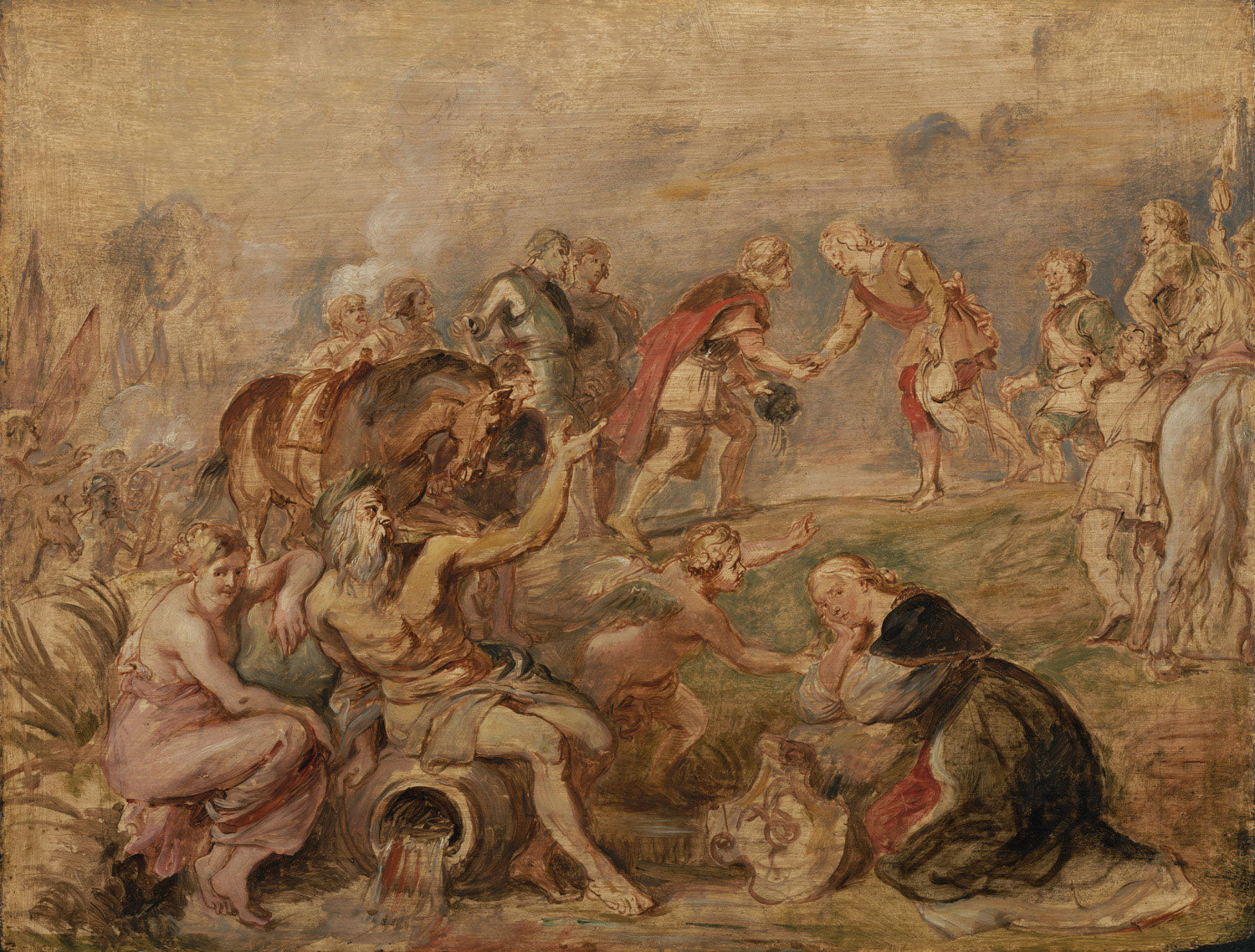 Das Gemälde "Treffen von König Ferdinand von Ungarn und Kardinal-Infant Ferdinand von Spanien in Nördlingen" von Peter Paul Rubens zeigt die beiden Monarchen während eines historischen Treffens nach der Schlacht von Nördlingen. Die Szene ist reich an Details und vermittelt die politische Bedeutung und symbolische Allianz zwischen den Herrschern.