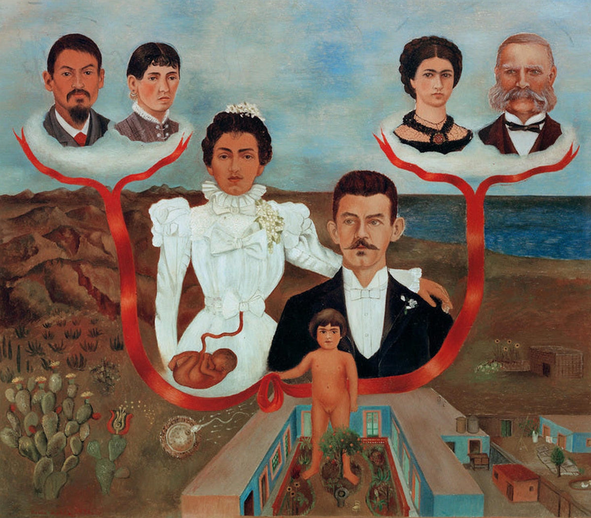  Kunstdruck von Frida Kahlos Meine Großeltern, meine Eltern und ich, das die Künstlerin als kleines Mädchen zeigt, das ein rotes Band hält, das die Porträts ihrer Eltern und Großeltern verbindet.