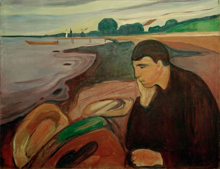 Kunstdruck von „Melancholie (Bergen)“ von Edvard Munch mit nachdenklicher Figur in stimmungsvoller Landschaft