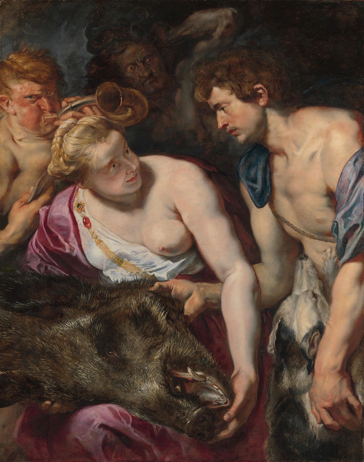Barockes Gemälde von Peter Paul Rubens: Meleager und Atalanta in einer dramatischen Jagdszene auf den Kalydonischen Eber, umgeben von dynamischen Figuren und lebhafter Natur im Hochformat.