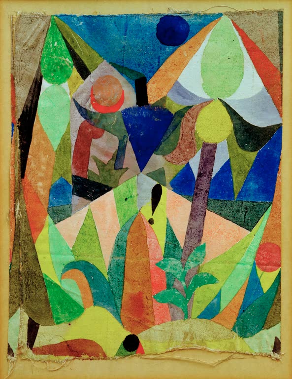 Kunstdruck „Mildtropische Landschaft“ von Paul Klee mit abstrakter Landschaft und warmen, tropisch anmutenden Farbtönen

