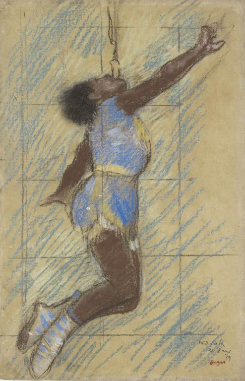 Kunstdruck des Gemäldes Miss Lala im Fernando-Zirkus von Edgar Degas mit der Trapezkünstlerin Miss Lala hoch unter der Zirkuskuppel.