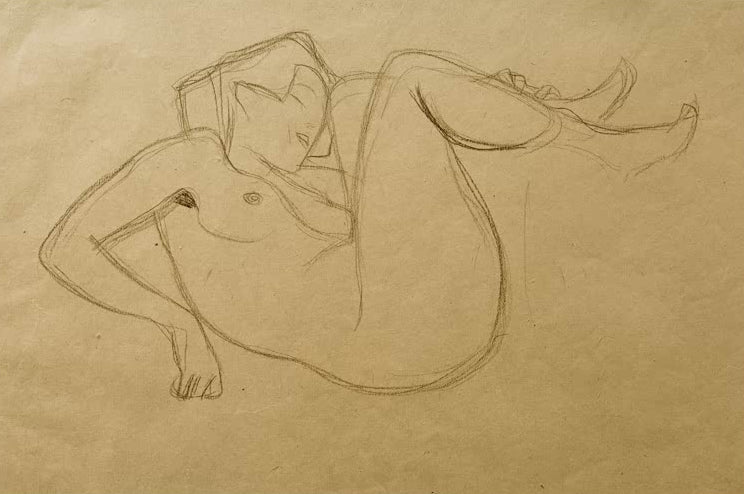 Kunstdruck des Gemäldes „Mit angezogenen Schenkeln kauernder Mädchenakt (Studie)“ von Gustav Klimt – hochwertige Reproduktion einer Aktstudie.