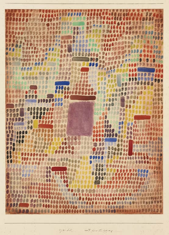 Kunstdruck „Mit dem Eingang“ von Paul Klee mit abstrakter Komposition und geometrischen Formen

