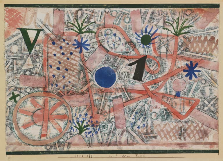 Kunstdruck „Mit dem Rad“ von Paul Klee mit abstrakter Darstellung eines Fahrrads und geometrischen Formen