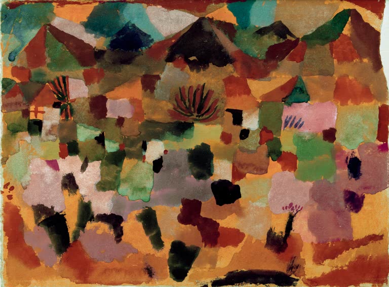 Kunstdruck „Mit der Bergkette“ von Paul Klee mit abstrakter Berglandschaft und stilisierten geometrischen Formen