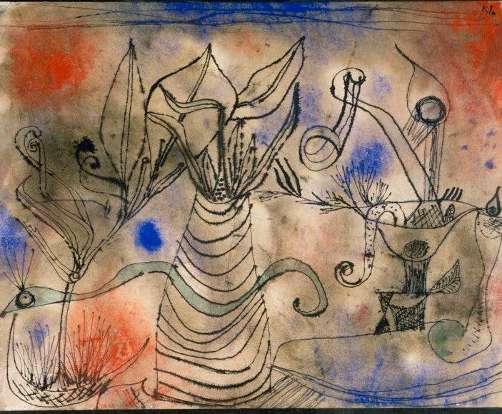 Kunstdruck von „Mit der Schlange“ von Paul Klee mit symbolischer Darstellung und abstrakten Formen in ausdrucksstarker Farbgestaltung.