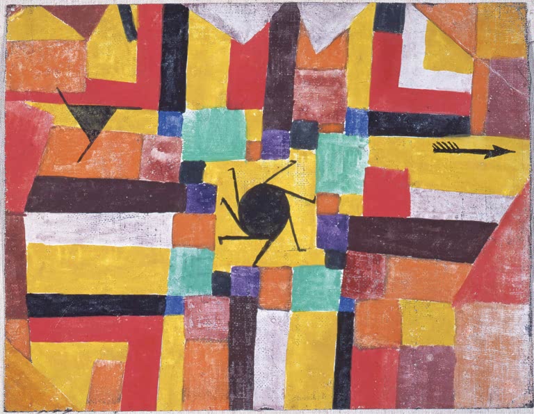 Kunstdruck „Mit der rotierenden schwarzen Sonne und dem Pfeil“ von Paul Klee mit abstrakten Formen, Sonne und Pfeil

