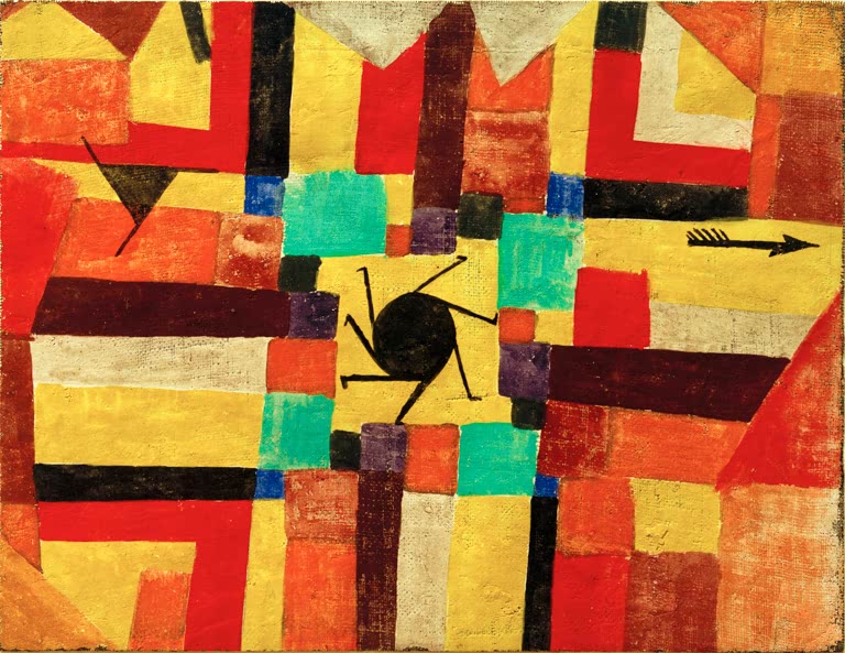 Kunstdruck „Mit der rotierenden schwarzen Sonne und dem Pfeile“ von Paul Klee, handgefertigt in Deutschland
