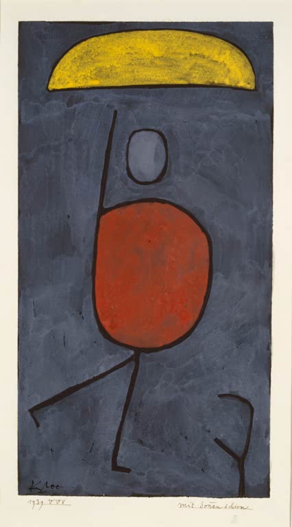 Kunstdruck „Mit einem Schirm“ von Paul Klee mit abstrakter Figur und stilisiertem Schirm

