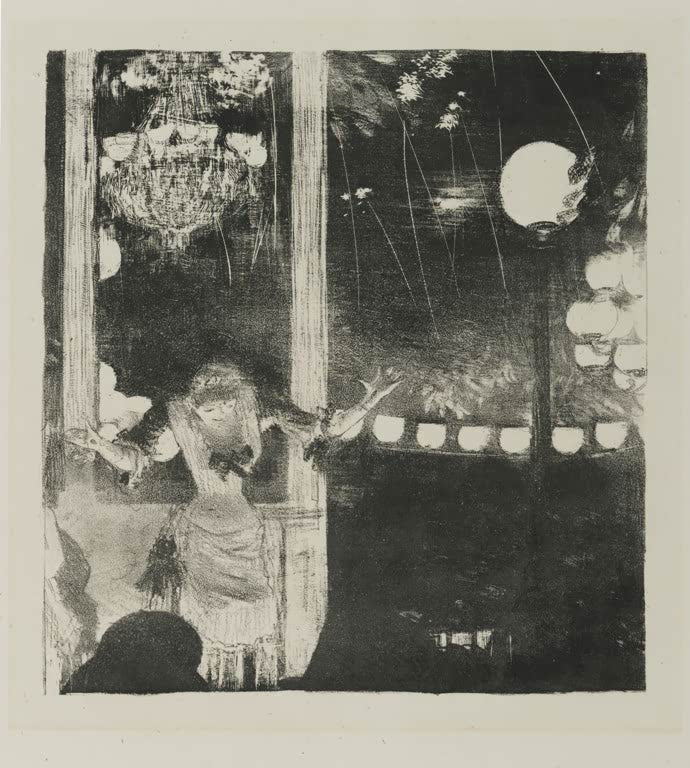 Kunstdruck des Gemäldes Mlle. Bécat im Café des Ambassadeurs von Edgar Degas mit der Sängerin Mlle. Bécat auf einer Cafébühne.