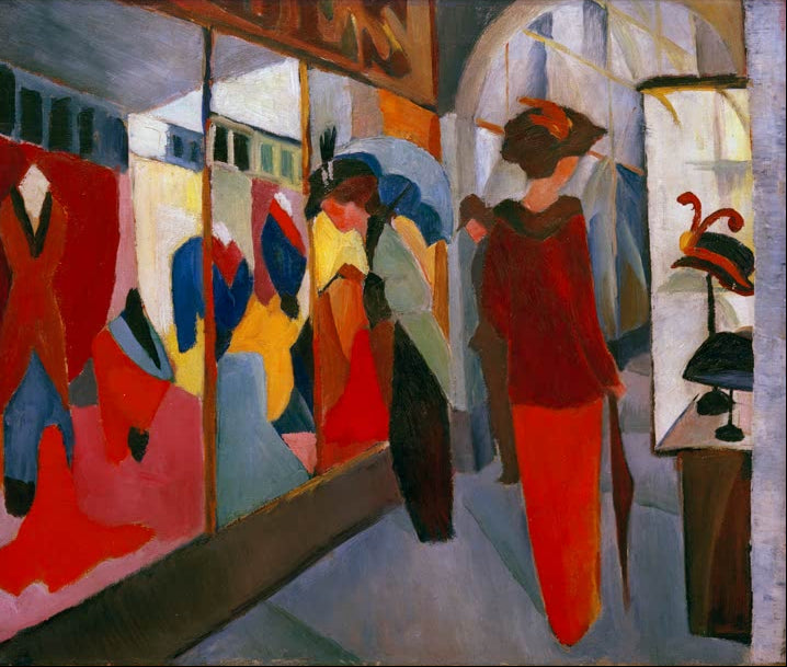 Kunstdruck des Gemäldes „Modegeschäft“ von August Macke. Hochwertig in Deutschland von Hand gefertigt, erhältlich als Poster oder Leinwand und optional gerahmt.