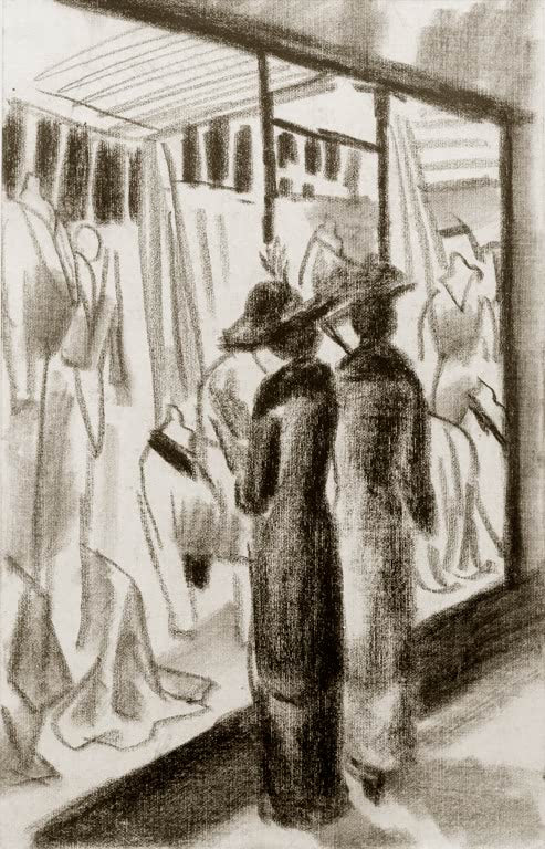 Kunstdruck des Gemäldes „Modegeschäft im Laubengang“ von August Macke. Hochwertig in Deutschland von Hand gefertigt, erhältlich als Leinwand oder Poster und optional gerahmt.