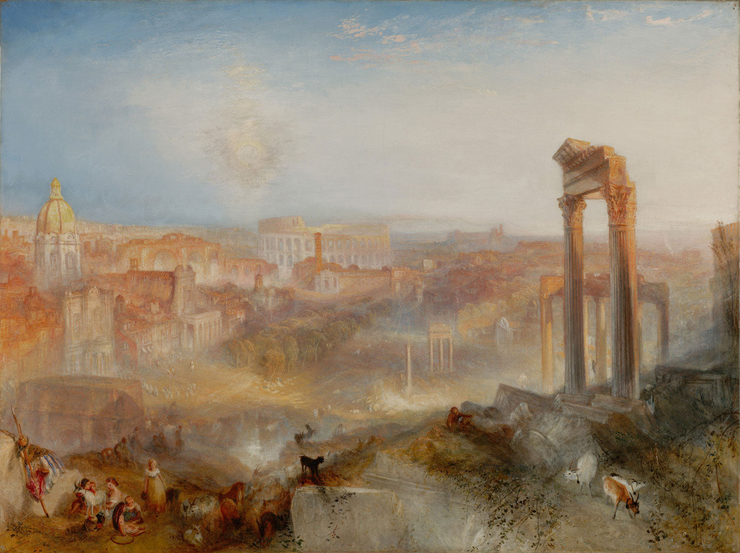 Das Gemälde "Modernes Rom – Campo Vaccino" von William Turner zeigt den historischen Platz Campo Vaccino in Rom, durchzogen von dramatischem Licht und tiefen Schatten. Die antiken Ruinen verschmelzen mit lebendigen Szenen des modernen Lebens, was eine faszinierende Atmosphäre von Vergangenheit und Gegenwart schafft.