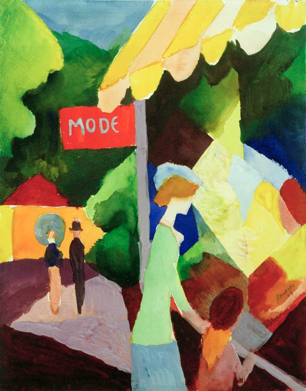 Kunstdruck des Gemäldes „Modeschaufenster“ von August Macke. Hochwertig in Deutschland von Hand gefertigt, erhältlich als Leinwand oder Poster und optional gerahmt.