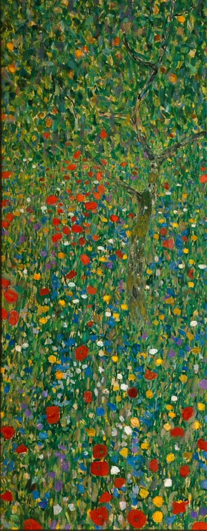 Kunstdruck des Gemäldes „Mohnwiese“ von Gustav Klimt – hochwertige Reproduktion einer farbenprächtigen Blumenlandschaft im Jugendstil.