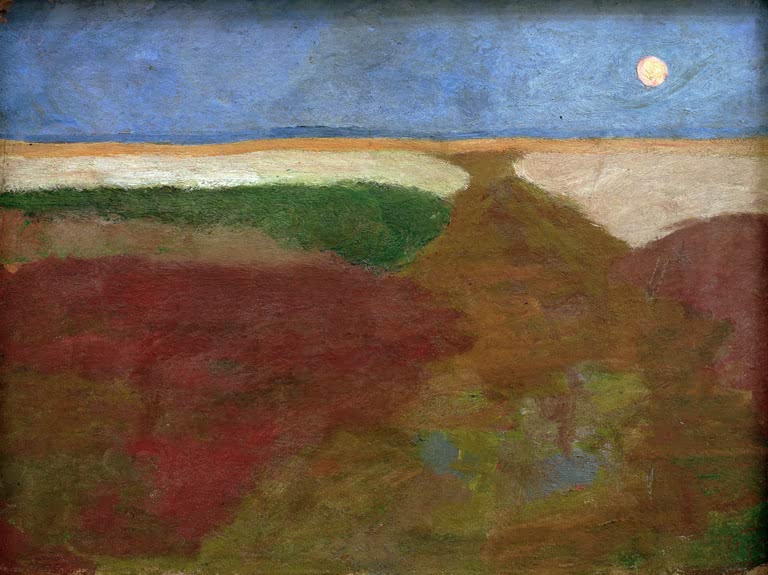 Kunstdruck von „Mond über Feldern“ von Paula Modersohn-Becker. Ausdrucksstarke Landschaftsdarstellung mit nächtlicher Stimmung und charakteristischer Farbgebung, in Deutschland handgefertigt.