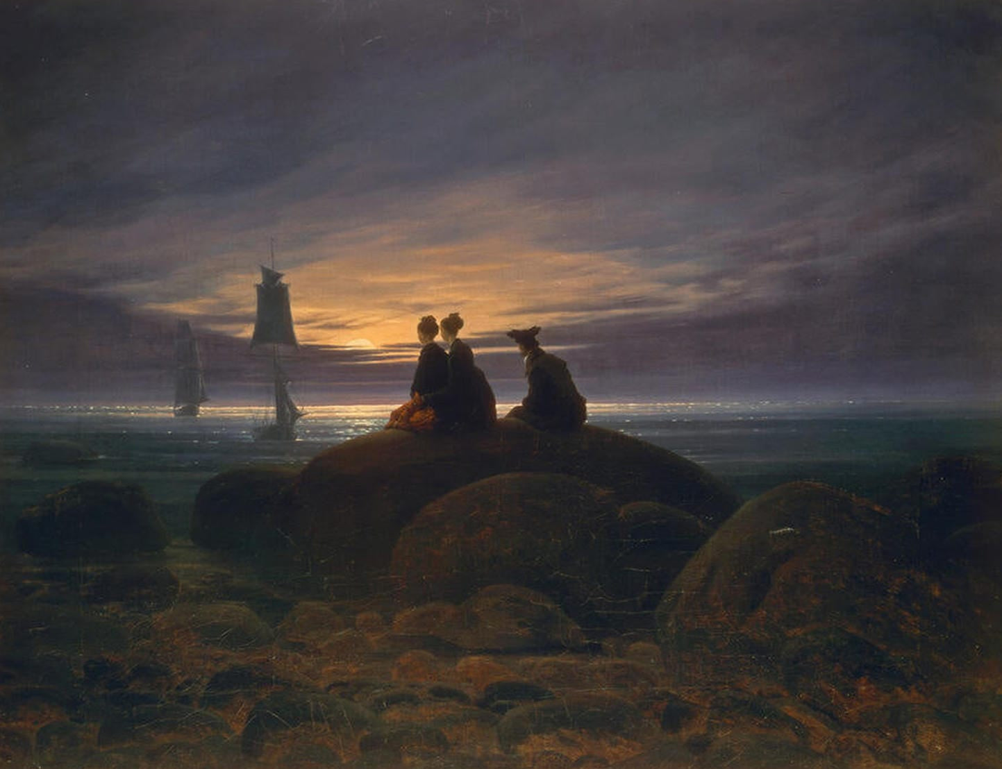 Zwei Menschen betrachten den Mondaufgang am Meer in einem romantischen Gemälde von Caspar David Friedrich.