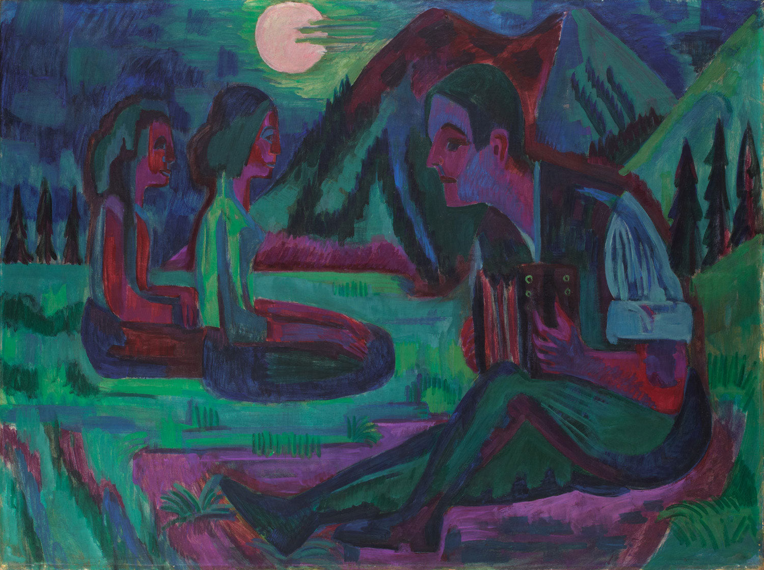 „Mondnacht; Handorgler in Mondnacht“ von Ernst Ludwig Kirchner (1924) – Ein expressionistisches Gemälde, das einen Handorgelspieler unter dem mystischen Licht des Mondes zeigt, umhüllt von einer dramatischen, fast träumerischen Atmosphäre. Die Szene spiegelt Kirchners charakteristische Farbpalette und dynamische Formensprache wider.