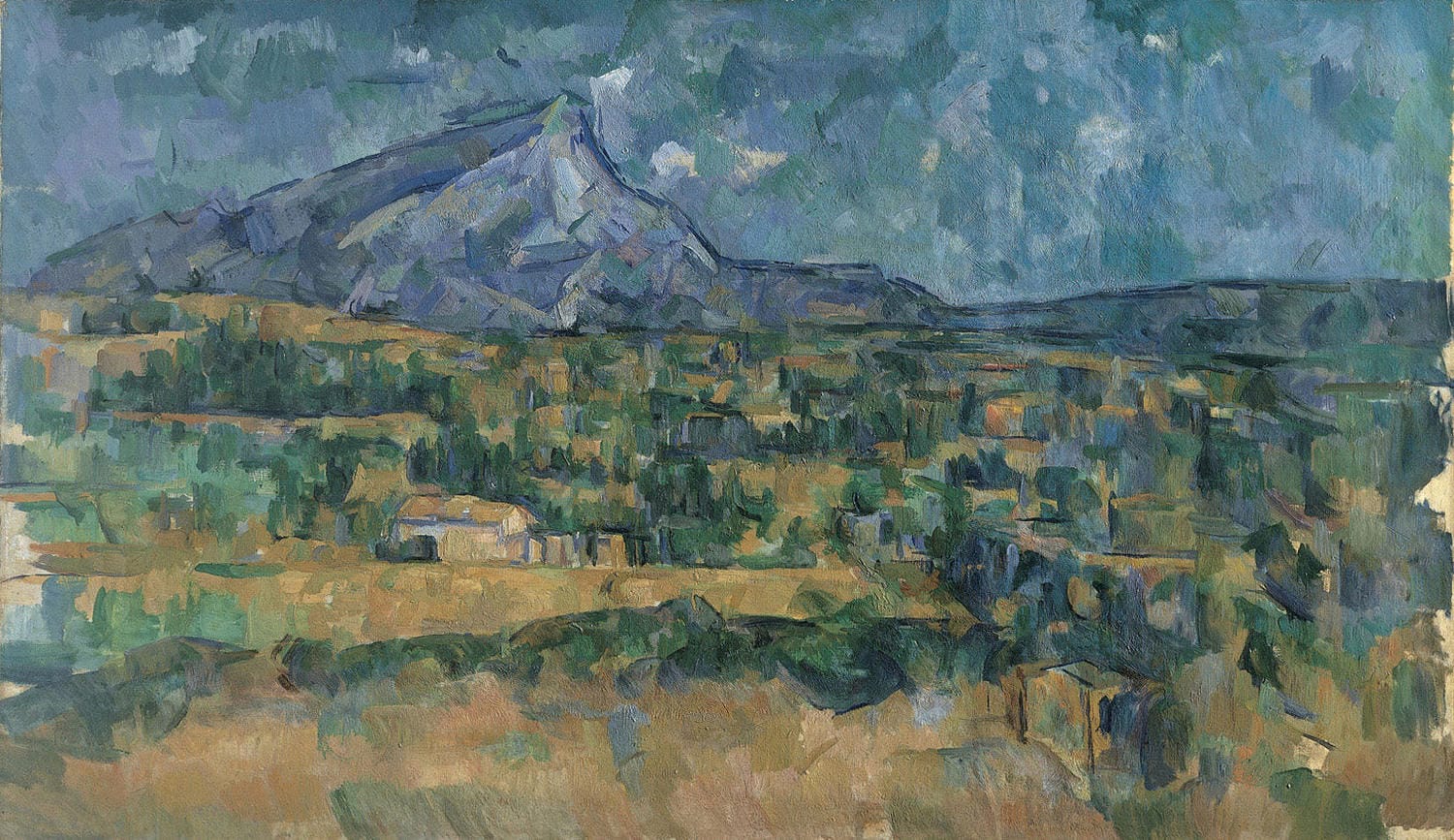 „Mont Sainte-Victoire“ von Paul Cézanne zeigt den ikonischen Berg in Südfrankreich mit kräftigen Farben und markanten Pinselstrichen. Die geometrische Struktur und die emotionale Tiefe der Landschaft spiegeln Cézannes einzigartige Perspektive und seine innovative Herangehensweise an die Natur wider.