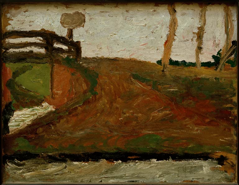 Kunstdruck von „Moorlandschaft mit Brücke“ von Paula Modersohn-Becker. Ausdrucksstarke Landschaftsdarstellung mit ruhiger Moorlandschaft, in Deutschland handgefertigt.
