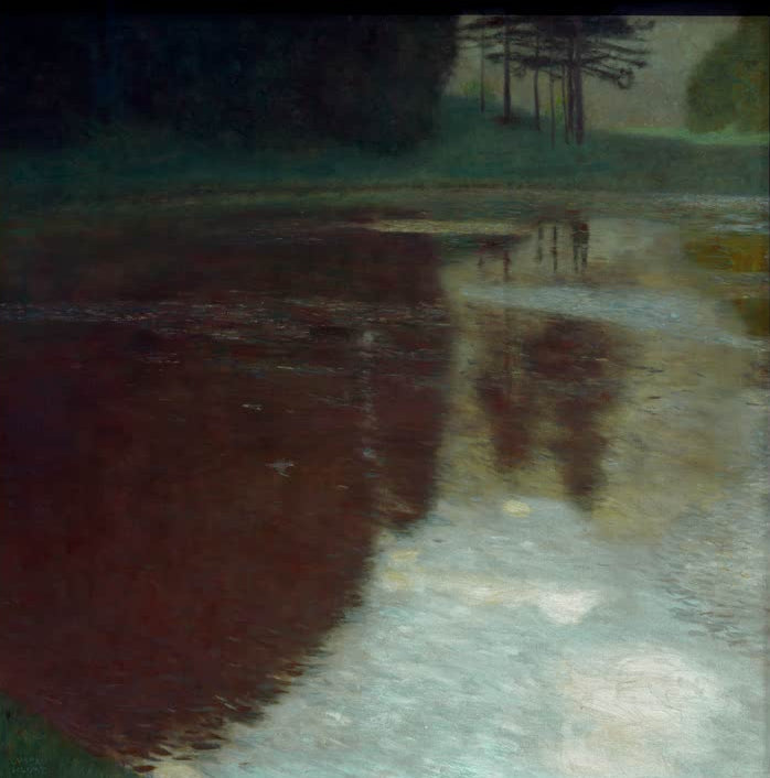 Kunstdruck des Gemäldes „Morgen am Teiche“ von Gustav Klimt – detailreiche Reproduktion der ruhigen Landschaft mit Wasser.