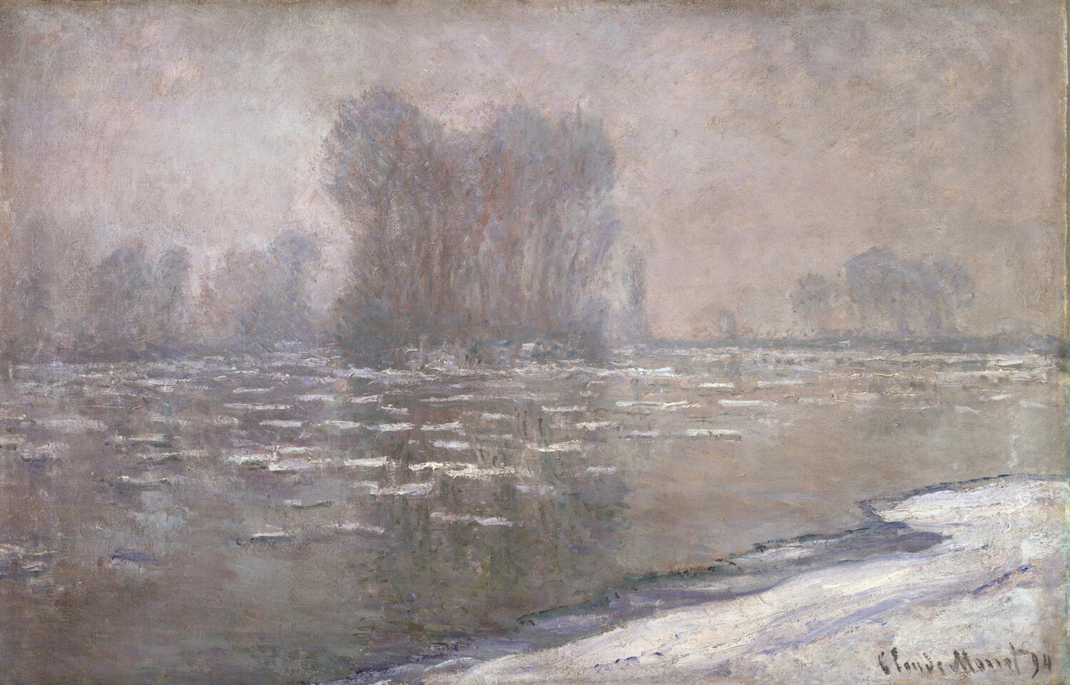 Impressionistische Landschaft in sanften Blau- und Violetttönen, eingehüllt in dichten Morgendunst, mit weichen Licht- und Farbübergängen, gemalt von Claude Monet.