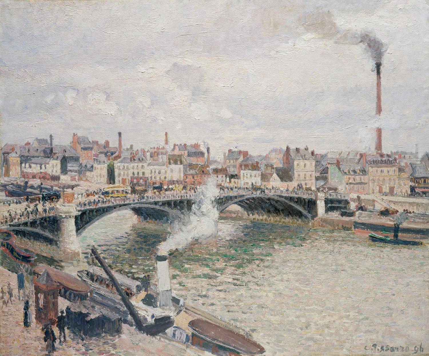 „Morgen, ein bedeckter Tag, Rouen“ von Camille Pissarro zeigt die ruhige Morgenstimmung einer französischen Stadt an einem wolkenverhangenen Tag. Der Künstler fängt meisterhaft das weiche Licht und die subtilen Farbtöne ein, die die Atmosphäre von Rouen an diesem Tag prägen.