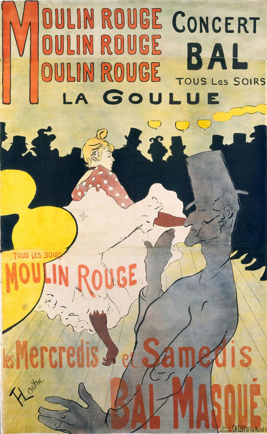 Farbiges Plakat von Henri de Toulouse-Lautrec: Moulin Rouge, La Goulue, mit Tänzerin und lebhaften Szenen aus der Belle Époque