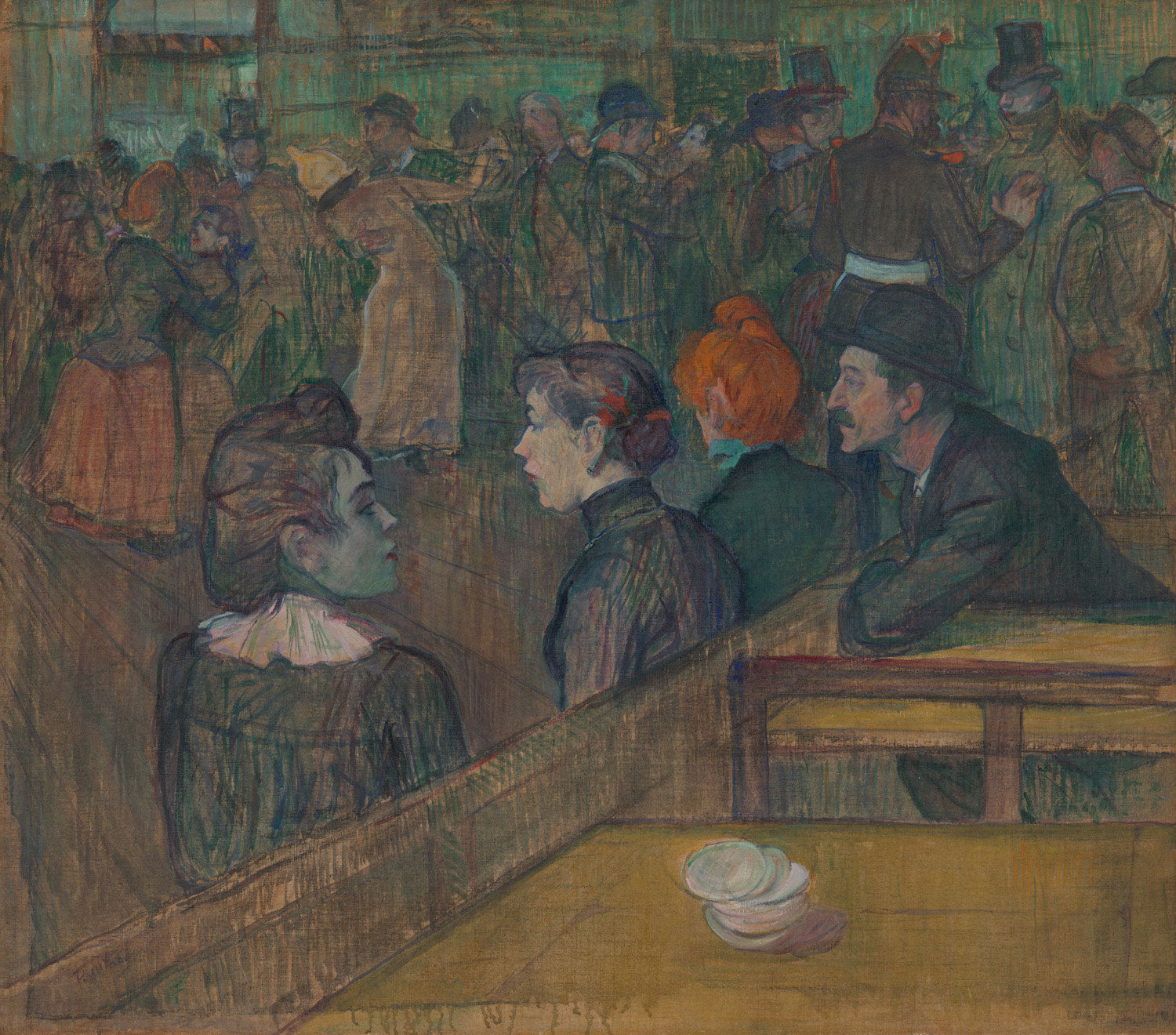 „Le Moulin de la Galette“ von Henri de Toulouse-Lautrec zeigt eine lebhafte Szene von tanzenden Gästen und der Pariser Gesellschaft im Freiluft-Café, eingefangen in lebendigen Farben und dynamischen Pinselstrichen.