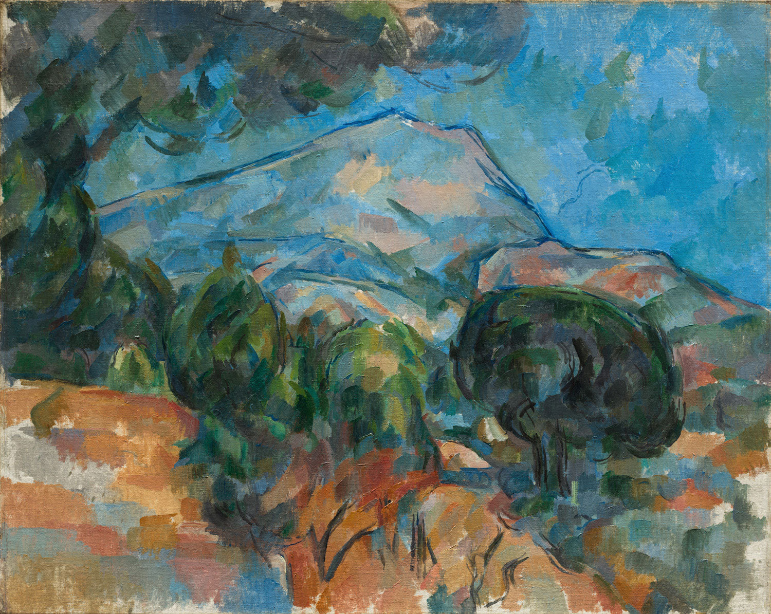 Landschaftsgemälde Mount Sainte-Victoire von Paul Cézanne, post-impressionistisches Werk mit geometrischen Formen und leuchtenden Farben.