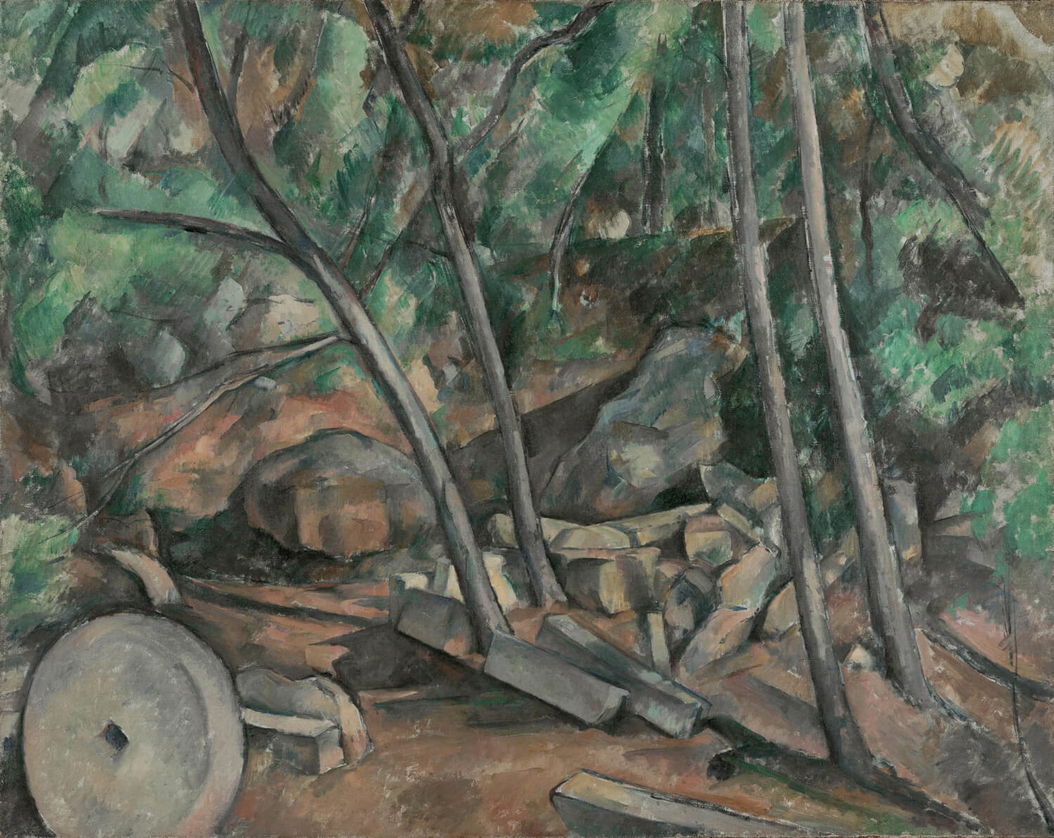 Mühlstein im Park des Château Noir von Paul Cézanne – postimpressionistisches Landschaftsgemälde mit Felsen, Bäumen und einem Mühlstein, geprägt von kräftigen Farben und geometrischen Formen.