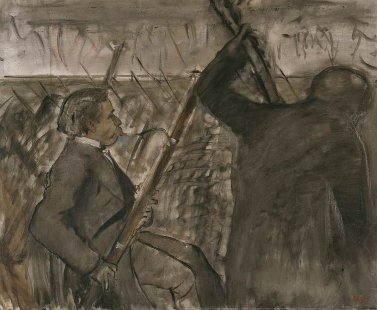 Kunstdruck des Gemäldes Musiker im Orchester (Porträt von Désiré Dihau) von Edgar Degas mit dem Porträt des Fagottisten Désiré Dihau im Orchester.