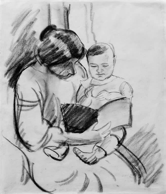 Kunstdruck des Gemäldes „Mutter mit Kind, lesend (Elisabeth und Walterchen)“ von August Macke. Hochwertig in Deutschland von Hand gefertigt, erhältlich als Leinwand oder Poster und optional gerahmt.