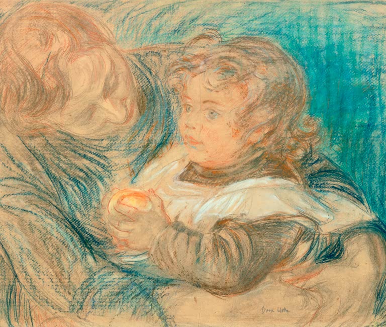 Mutter und Kind von Dora Hitz als Kunstdruck mit einer Mutter, die ihrem Kind liebevoll einen Rosenstrauß reicht