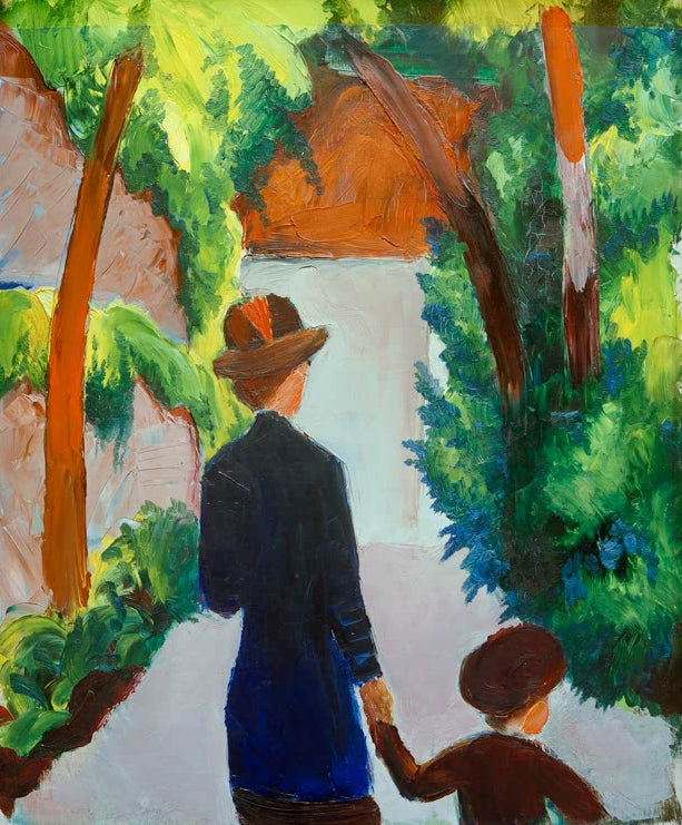 Kunstdruck des Gemäldes „Mutter und Kind im Park“ von August Macke. Hochwertig in Deutschland von Hand gefertigt, erhältlich als Poster oder Leinwand und optional gerahmt.
