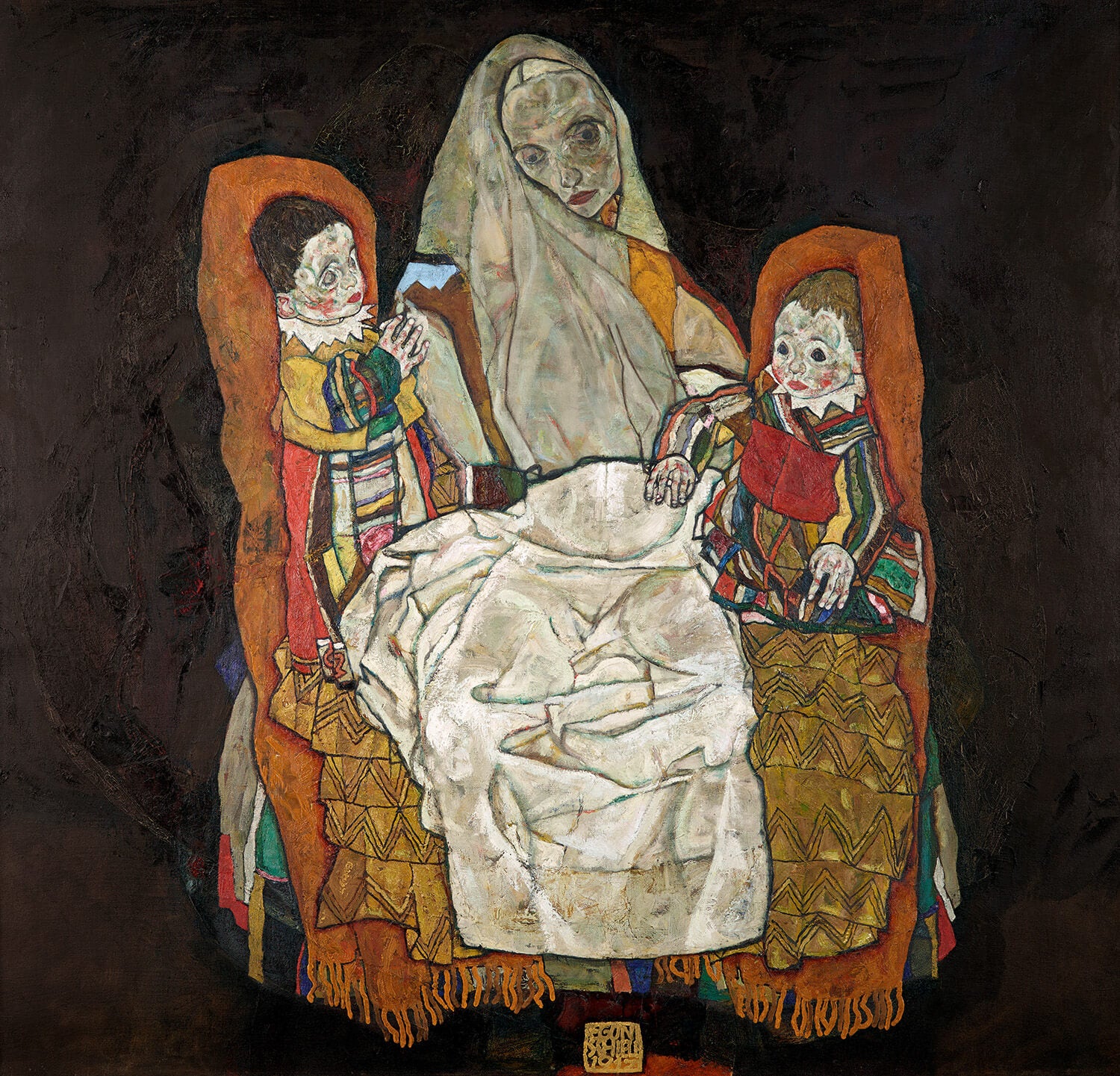 „Mutter mit zwei Kindern III“ von Egon Schiele zeigt eine ausdrucksstarke Darstellung einer Mutter mit ihren zwei Kindern in einem intimen, emotional geladenen Moment. Schiele nutzt kräftige Linien und subtile Farben, um die zarte, aber kraftvolle Verbindung zwischen den Figuren zu unterstreichen.
